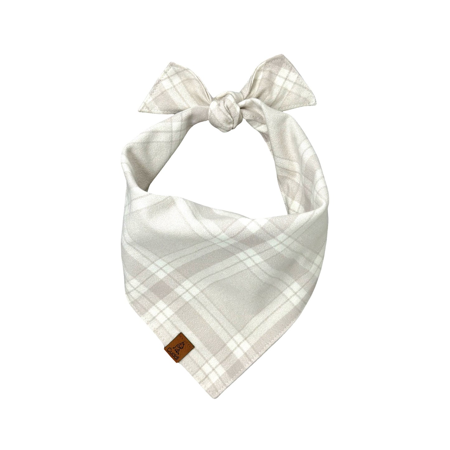 The Alpine Plaid bandana features a cozy flannel texture in neutral ivory and taupe checks