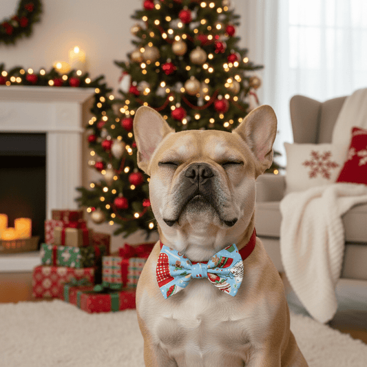 Dog wearing a festive bow tie in a living room with a Christmas tree and fireplace.