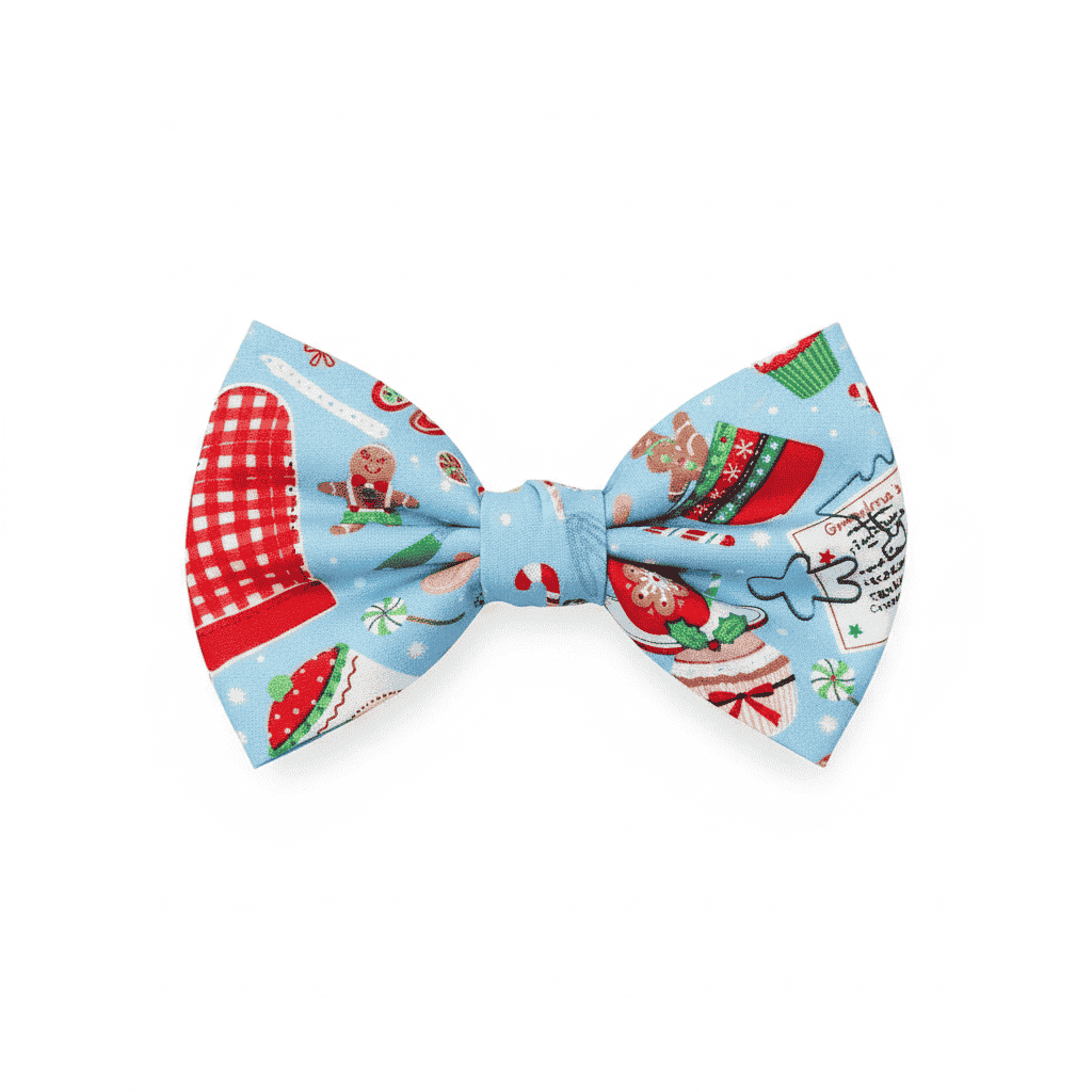 Christmas-themed bow tie with gingerbread men and cookies on a blue background