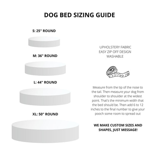 Dog bed sizing guide with measurements and fabric information on a white background