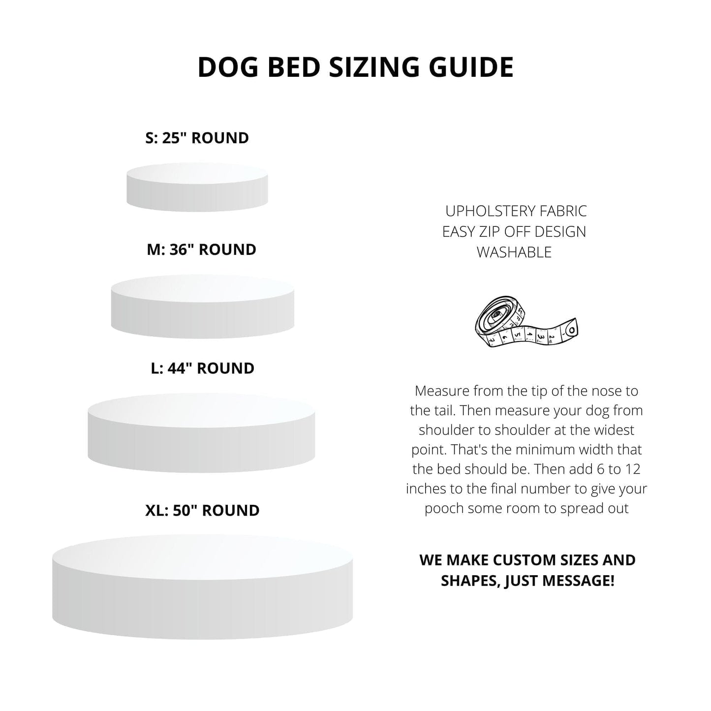 Dog bed sizing guide with measurements and fabric information on a white background