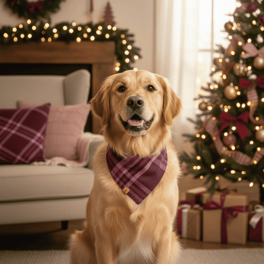 Dog wearing a burgundy bandana sitting in a festive living room with Christmas decorations.