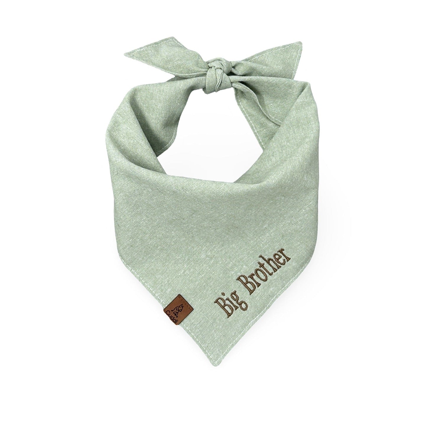 dusty sage dog bandana on linen fabric with big brother embroidered