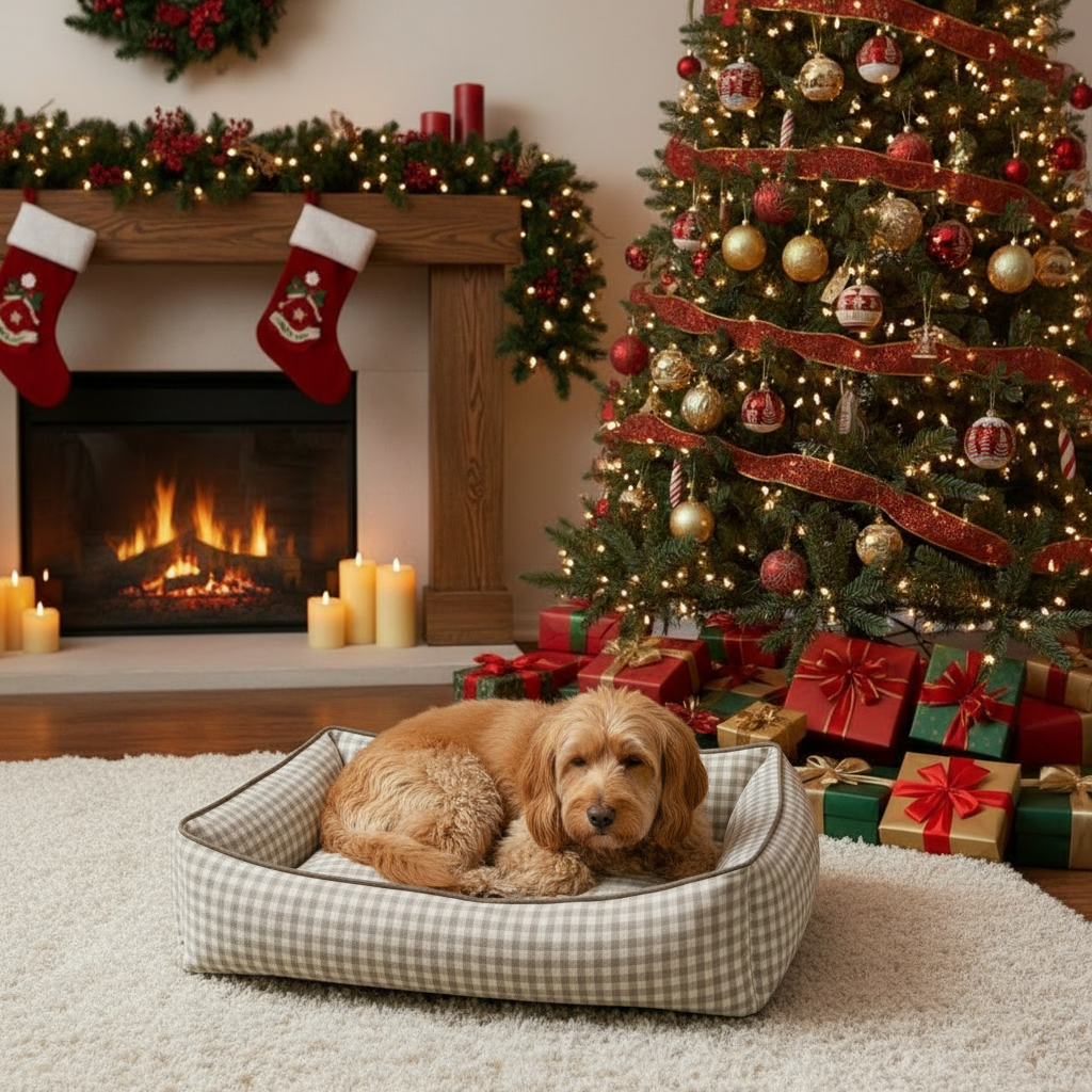 Ecru Gingham Dog Bed