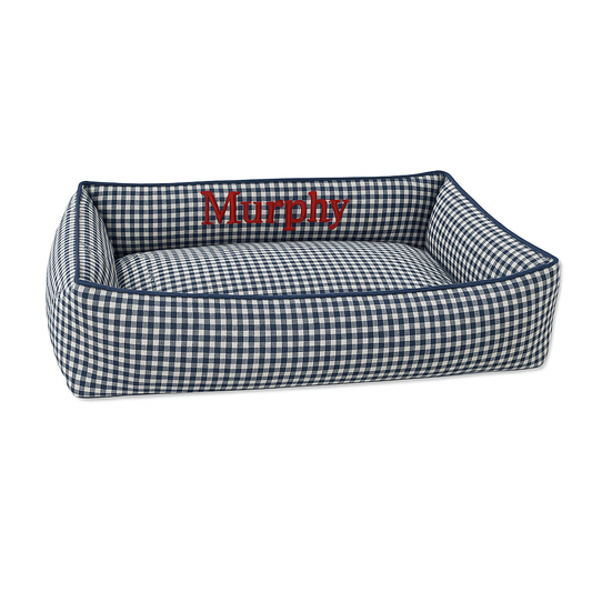 Navy Blue Gingham Dog Bed
