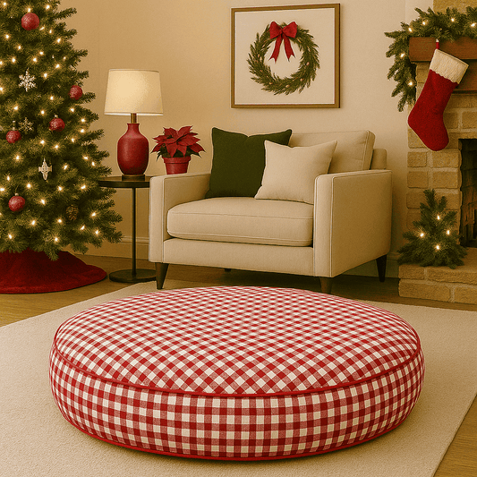 A red gingham round dog bed in a living room decorated for Christmas with a tree, stockings.