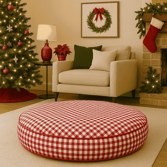 A red gingham round dog bed in a living room decorated for Christmas with a tree, stockings.