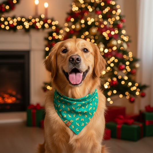 Dog wearing a green reindeer holiday bandana in front of a Christmas tree and fireplace.