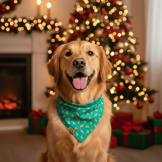 Dog wearing a green reindeer holiday bandana in front of a Christmas tree and fireplace.