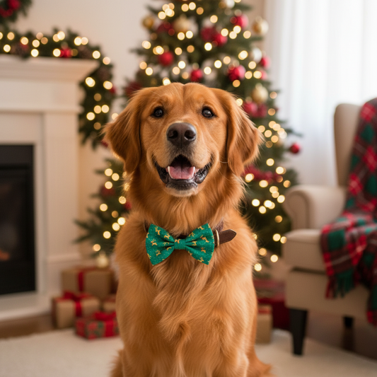 dog collar bow tie with reindeer pattern on a green background