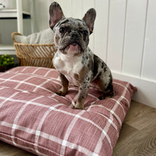 Load image into Gallery viewer, frenchie puppy on a blush check pillow bed

