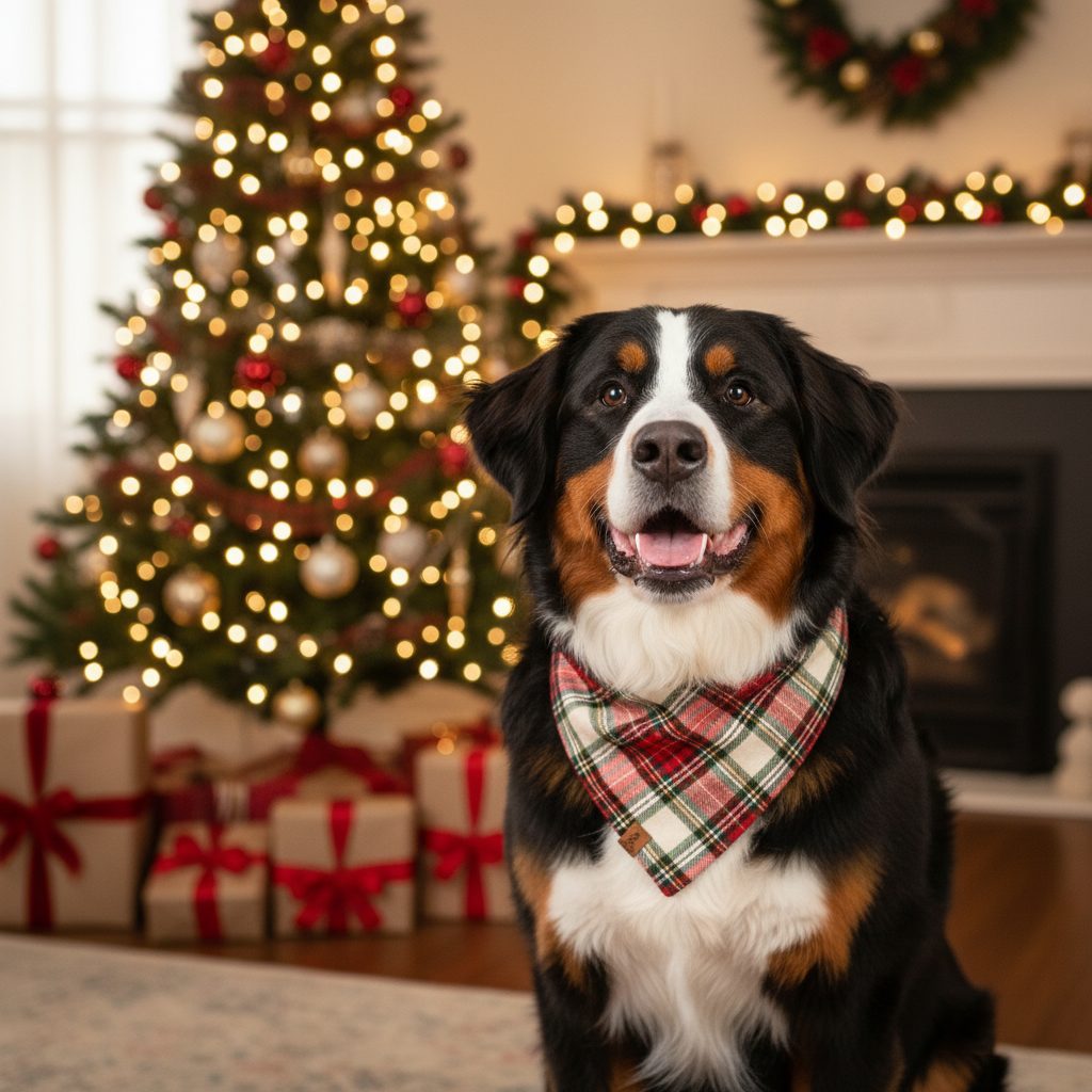 Bernie mountain dog wearing a white regal tartan flannel holiday dog bandana