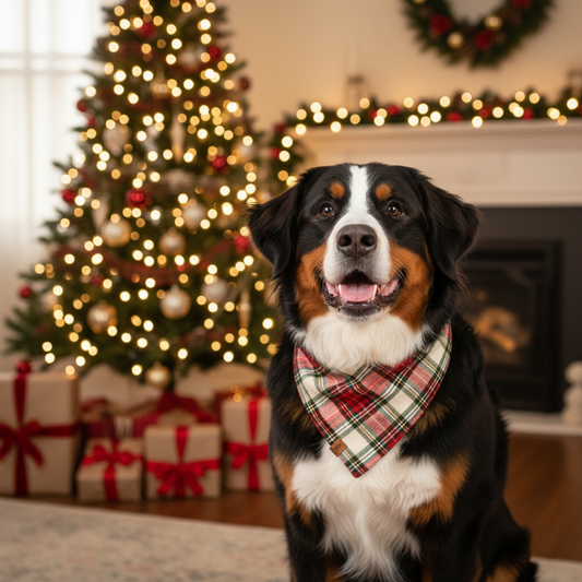 Bernie mountain dog wearing a white regal tartan flannel holiday dog bandana