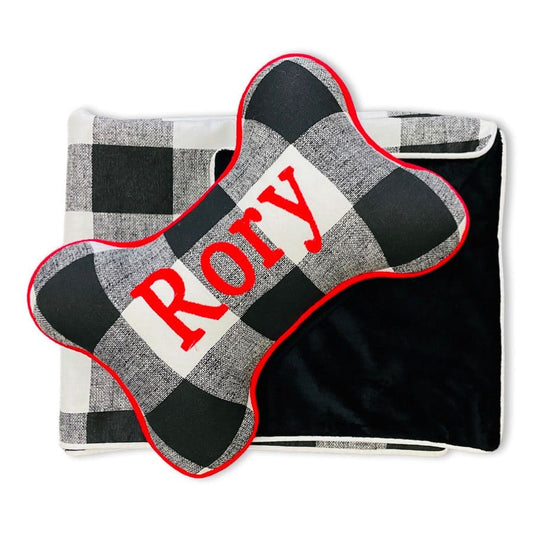 Black Check Bone Pillow Dog gift set Sammy's Sew Shop