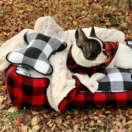 red and black check dog bed