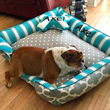 Load image into Gallery viewer, teal and grey polka dot dog bed
