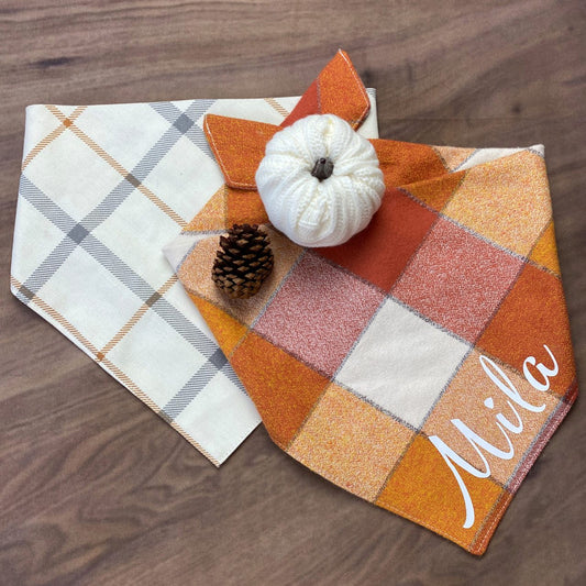Orange or cream check dog bandana