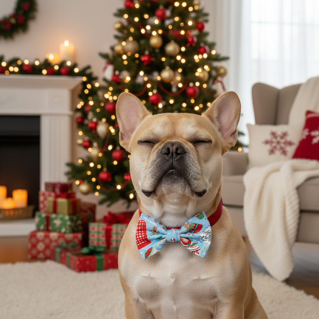 Dog wearing a festive bow tie in a living room with a Christmas tree and fireplace.