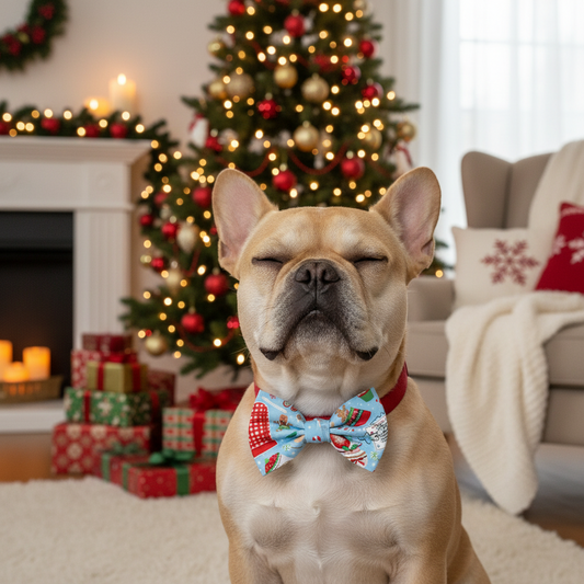 Dog wearing a festive bow tie in a living room with a Christmas tree and fireplace.