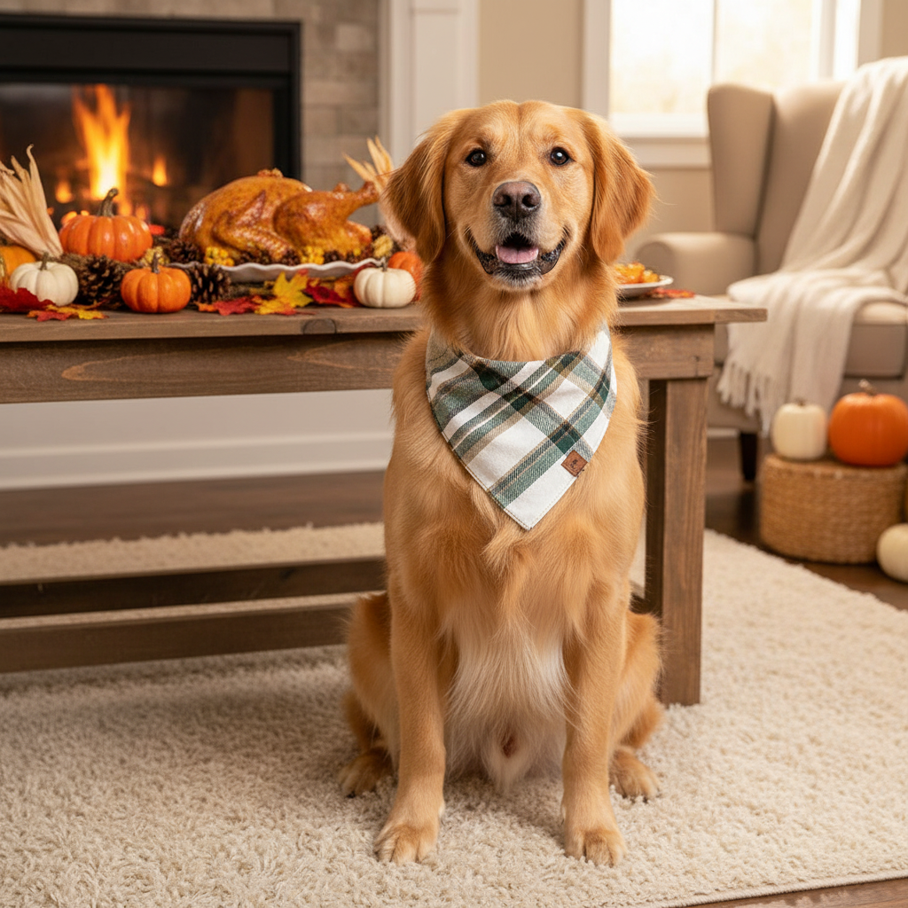 Dog wearing a plaid bandana in a cozy living room with a fireplace and Thanksgiving decorations.