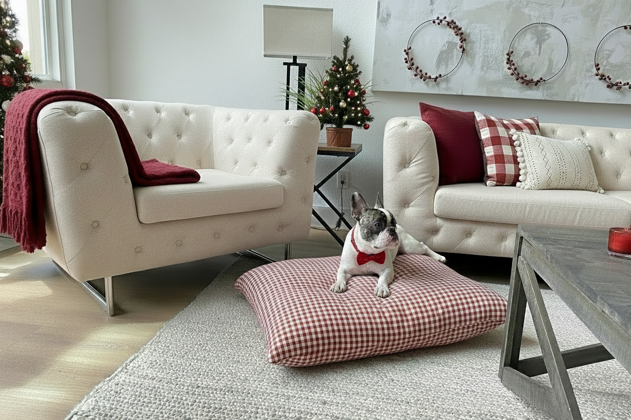 Dog on a checkered pillow in a living room with white furniture and decorative items.