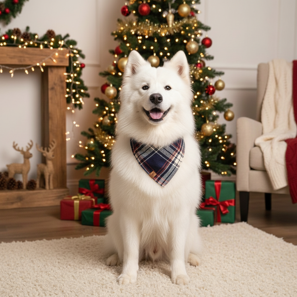 White dog wearing a navy plaid bandana in a festive living room with Christmas decorations.