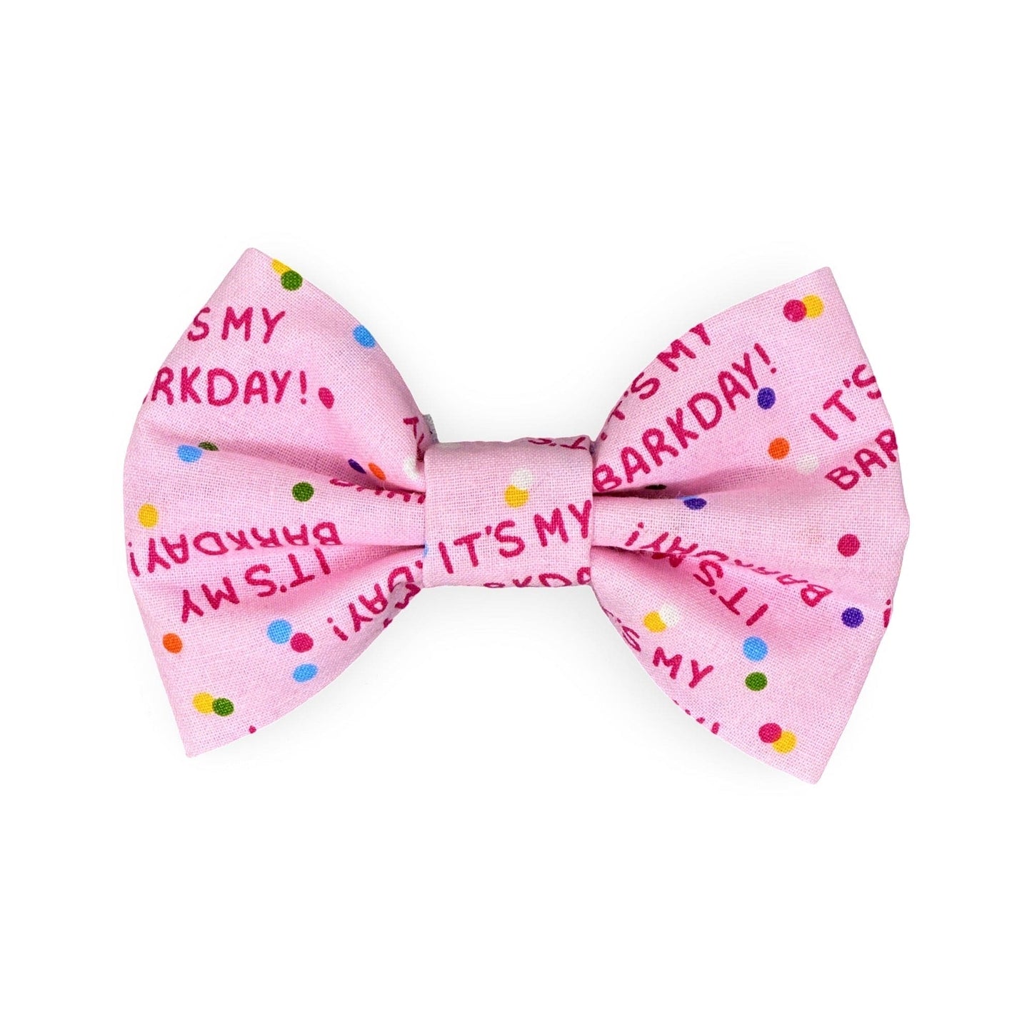 pink bow tie for dogs that says barkday