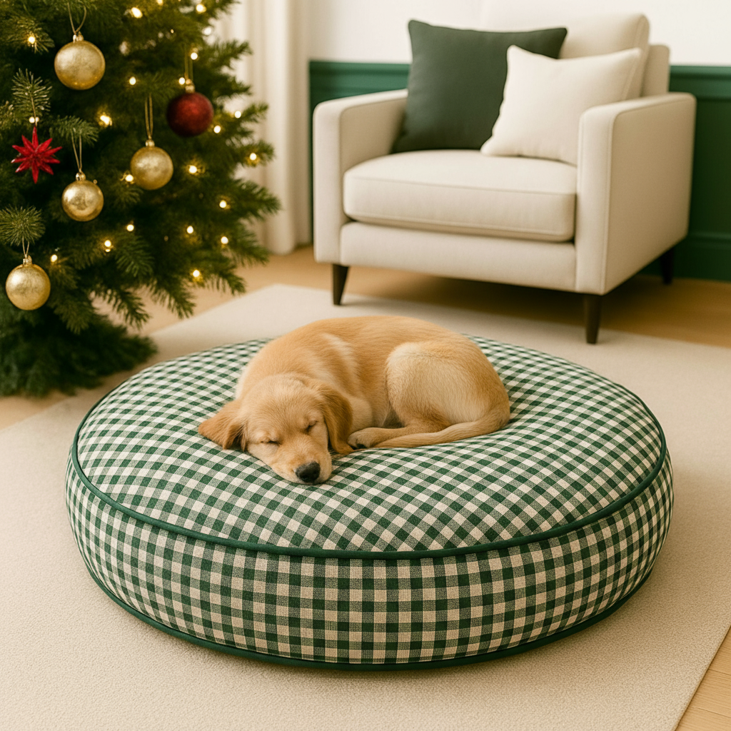Dog resting on a green checkered pet bed in a cozy living room with a Christmas tree.