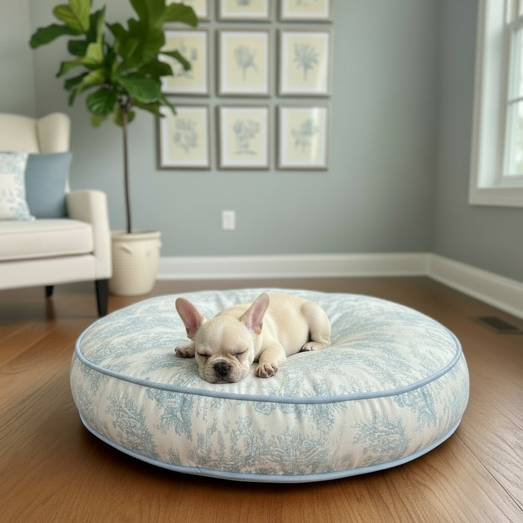 Puppy lying on a round soft blue toile patterned dog bed with wooden floor