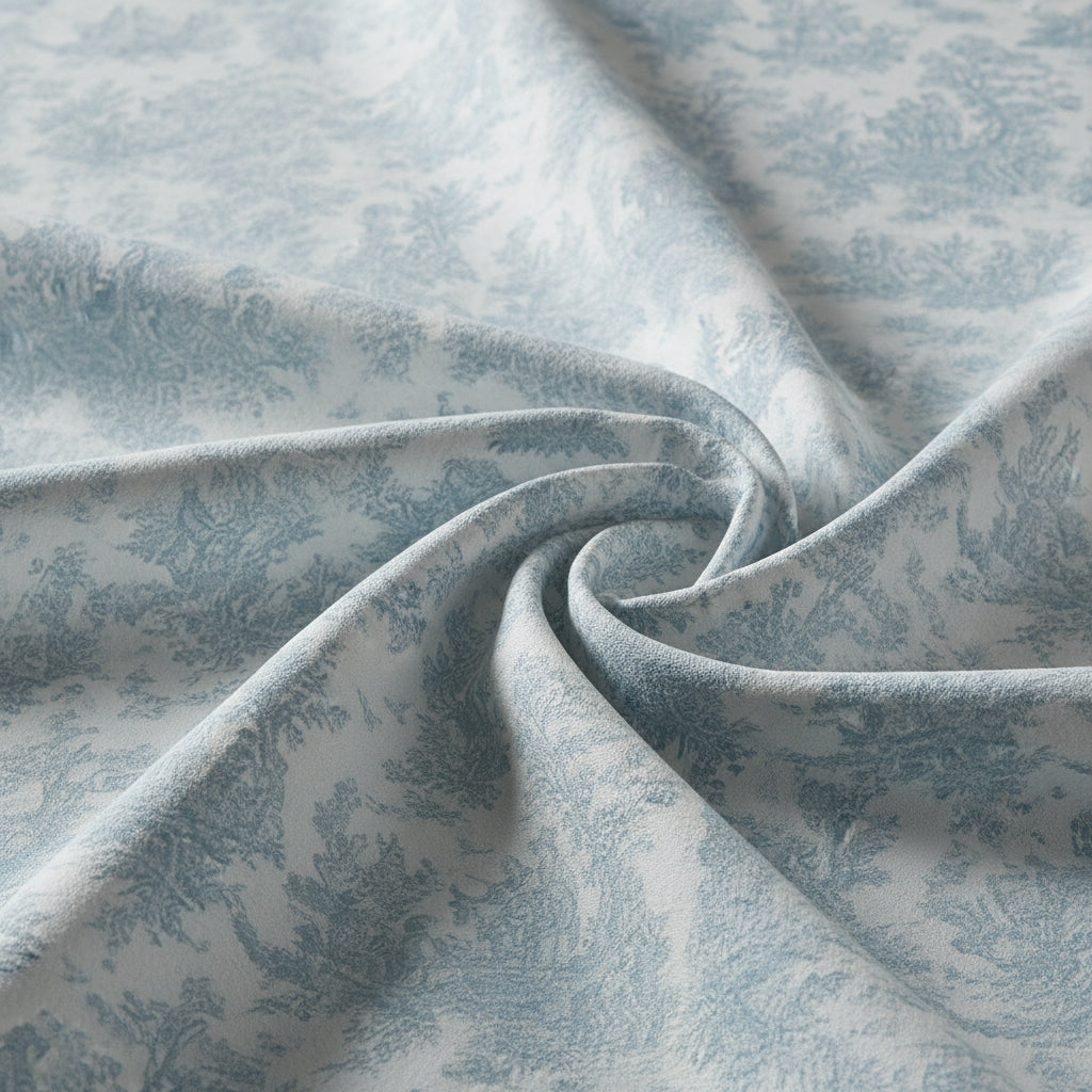 Textured blue and white toile patterned fabric
