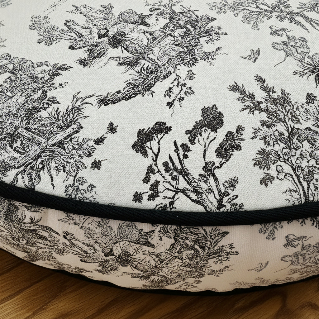 Close-up of a pet mattress with toile pattern and black border on a wooden floor.