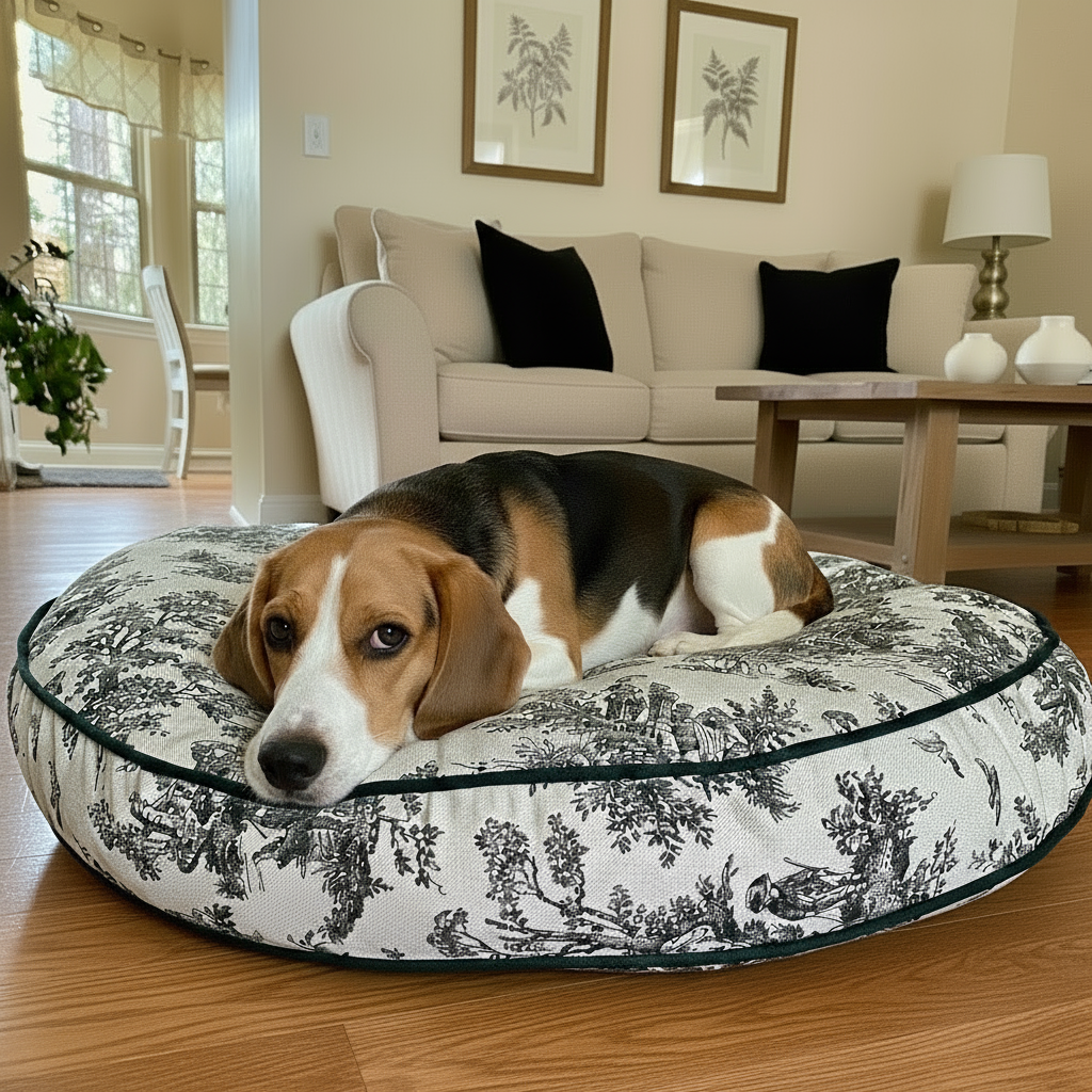 Basset hound lying on a black and cream toile round dog bed in a living room.