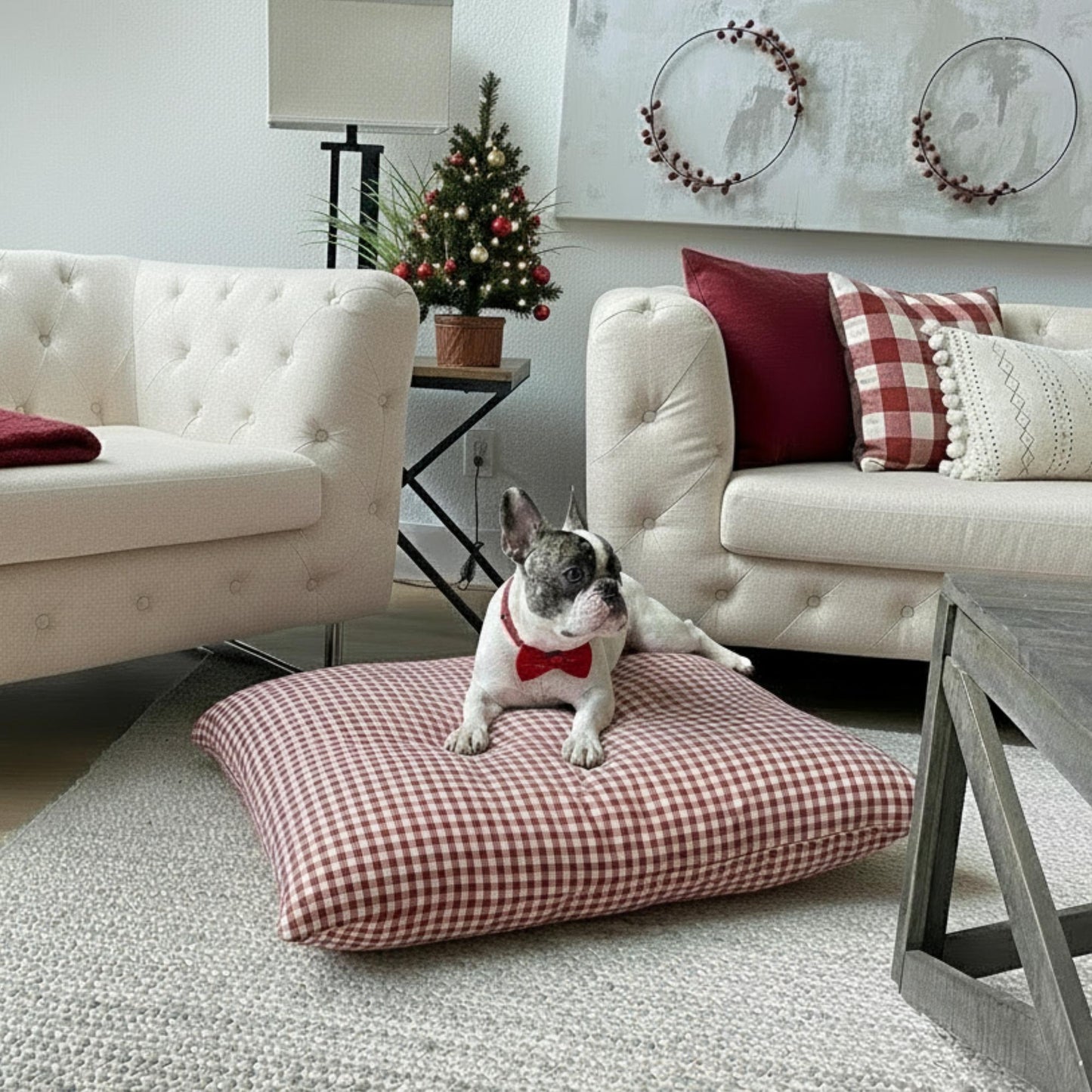 Dog sitting on a red checkered pillow in a living room with festive decorations.