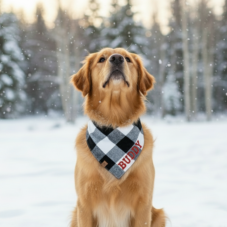 Dog wearing a checkered bandana with 'Buddy' on it, sitting in the snow with trees in the background.