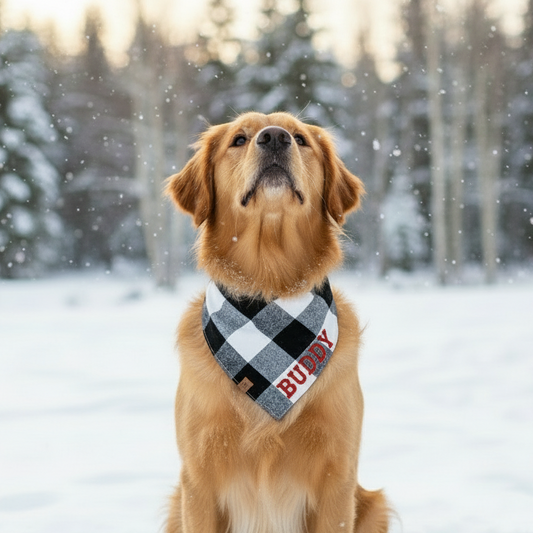 Dog wearing a checkered bandana with 'Buddy' on it, sitting in the snow with trees in the background.