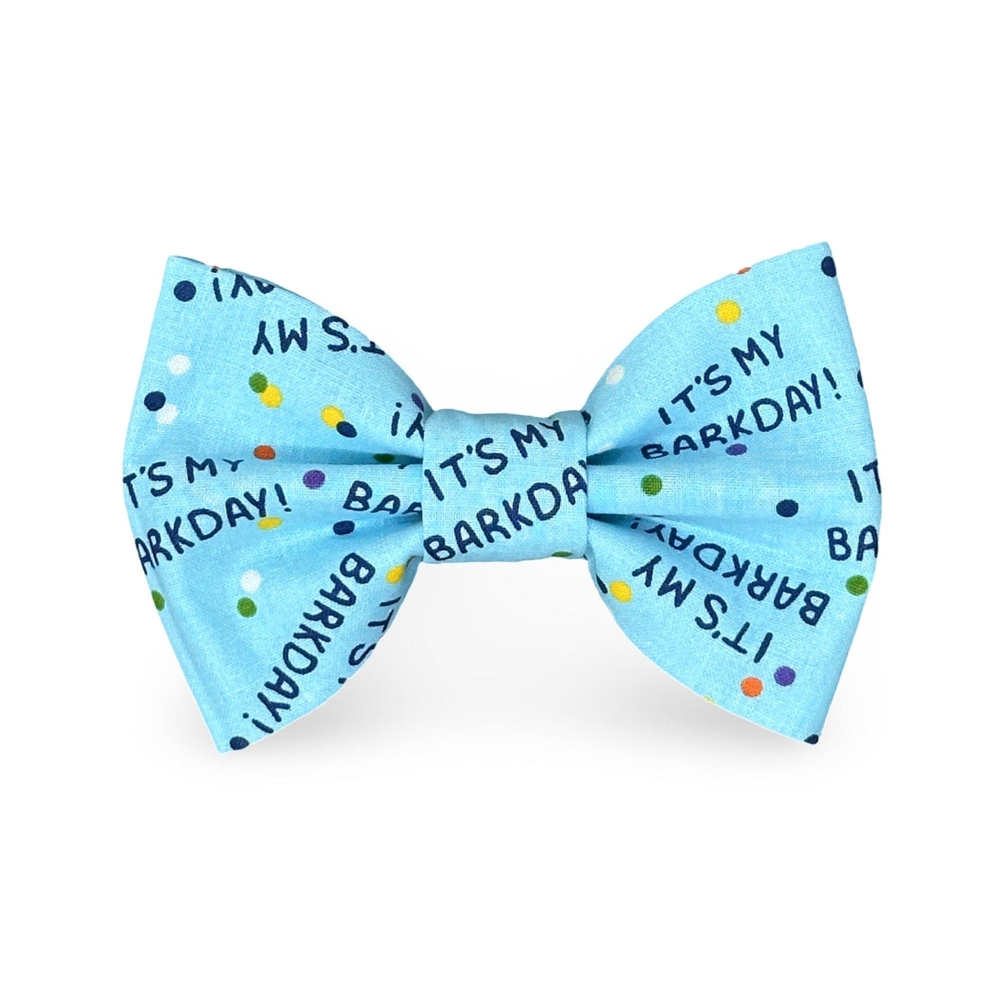 blue birthday dog bow tie with a barkday print