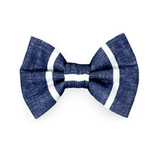 Load image into Gallery viewer, white striped on a navy background sailing bow tie

