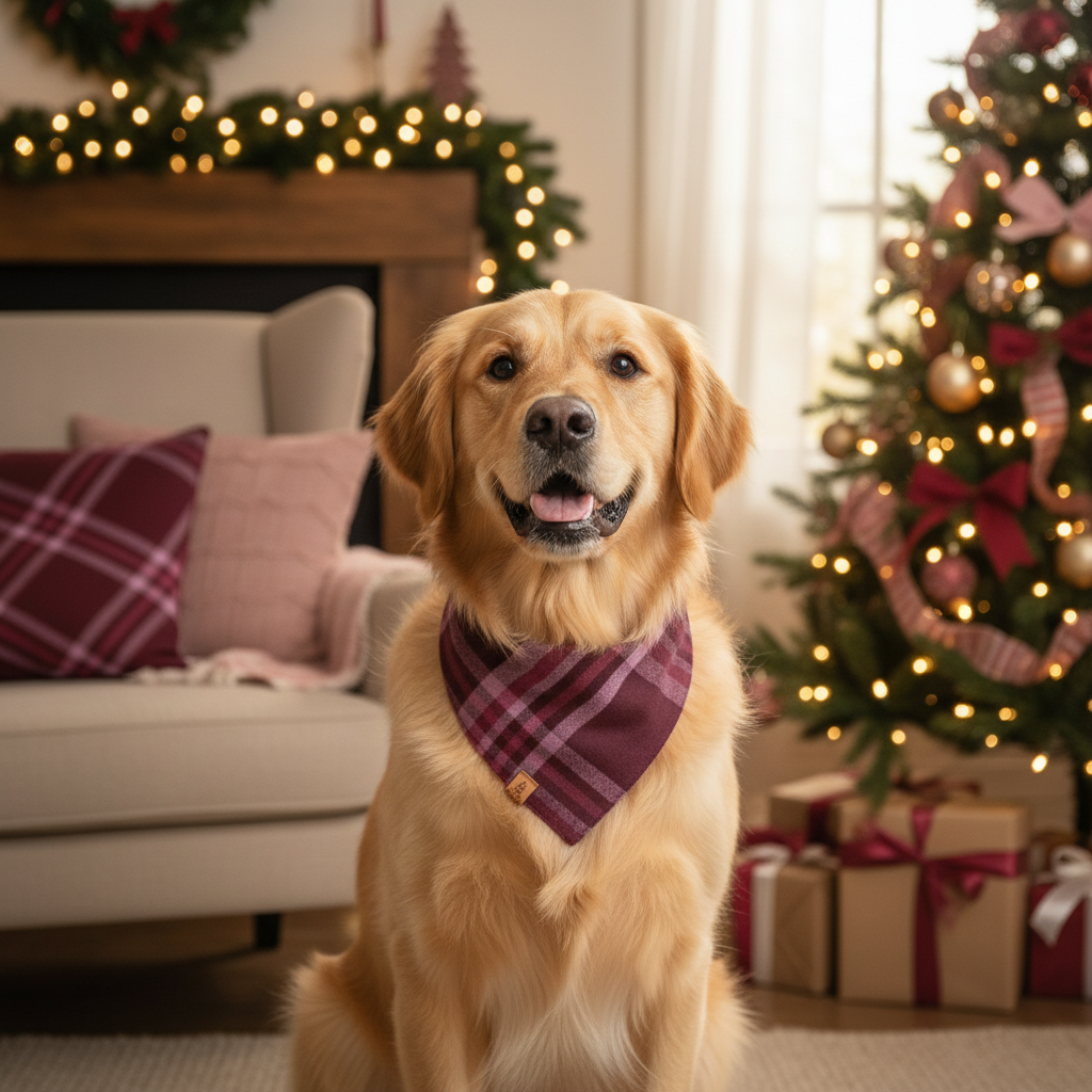 Dog wearing a burgundy bandana sitting in a festive living room with Christmas decorations.