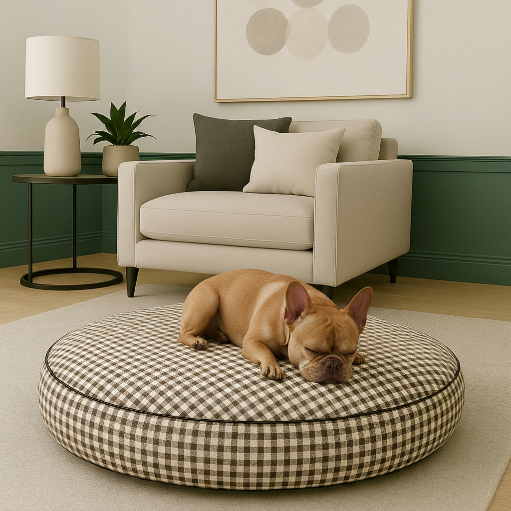 Dog resting on a brown checkered pet bed in a cozy living room.