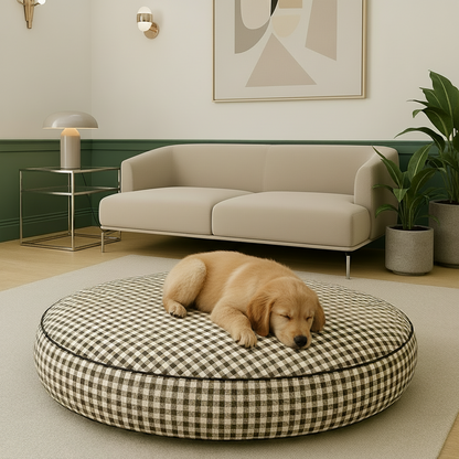Dog lying on a round brown checkered pet bed in a modern living room.