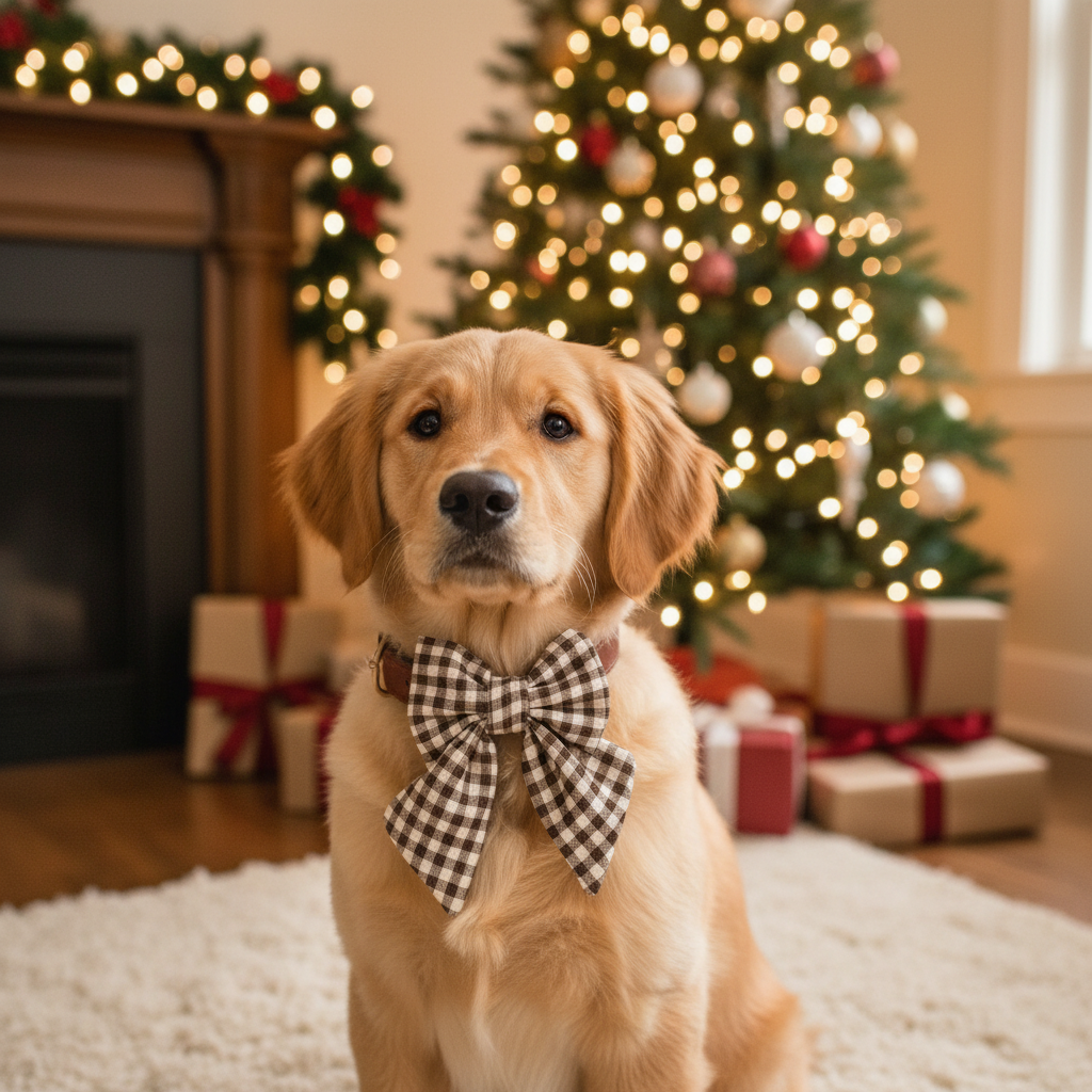 Dog wearing a brown checkered bow tie in a festive room with a Christmas tree and presents.