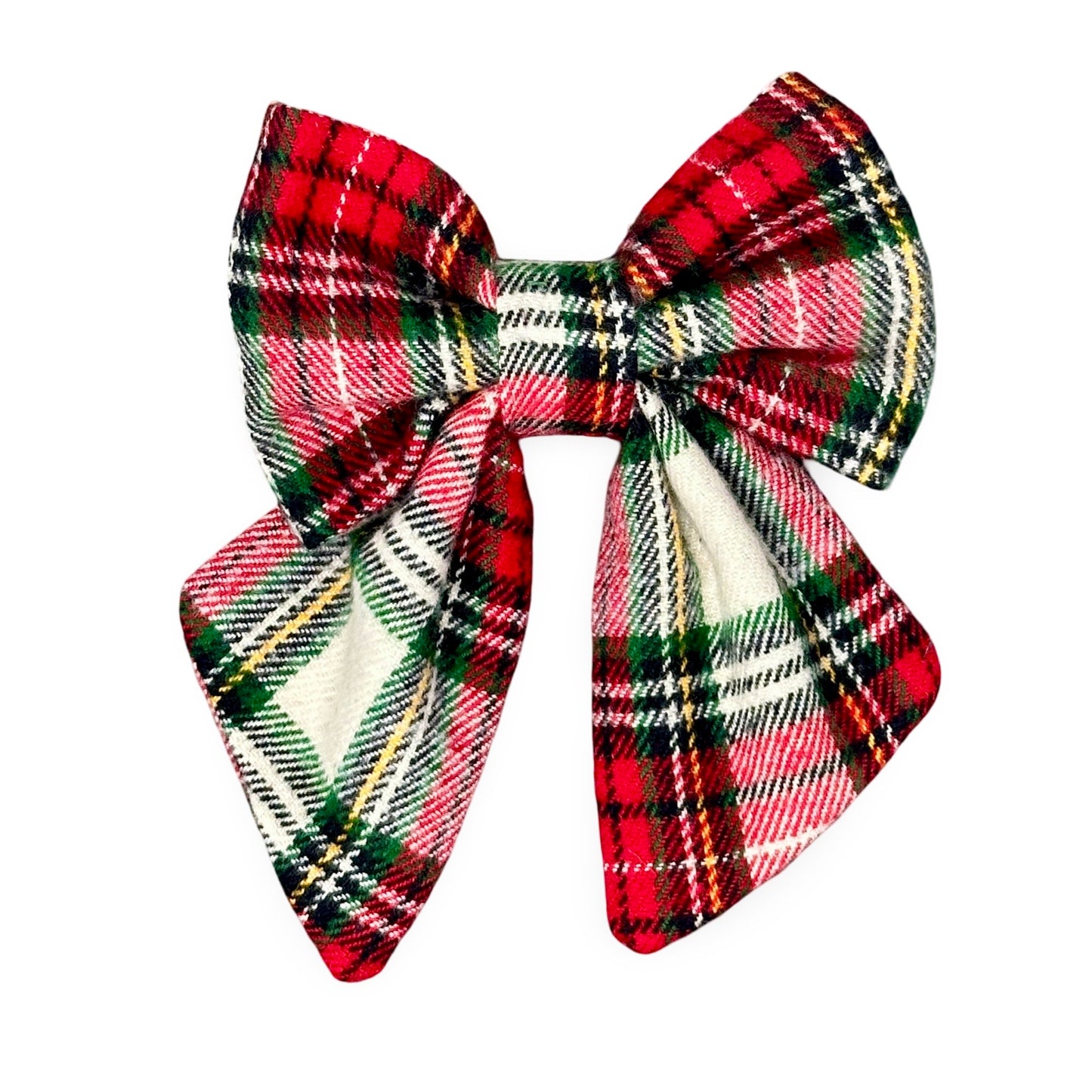 Stewart tartan dog bow with red, green, and black pattern on a white background