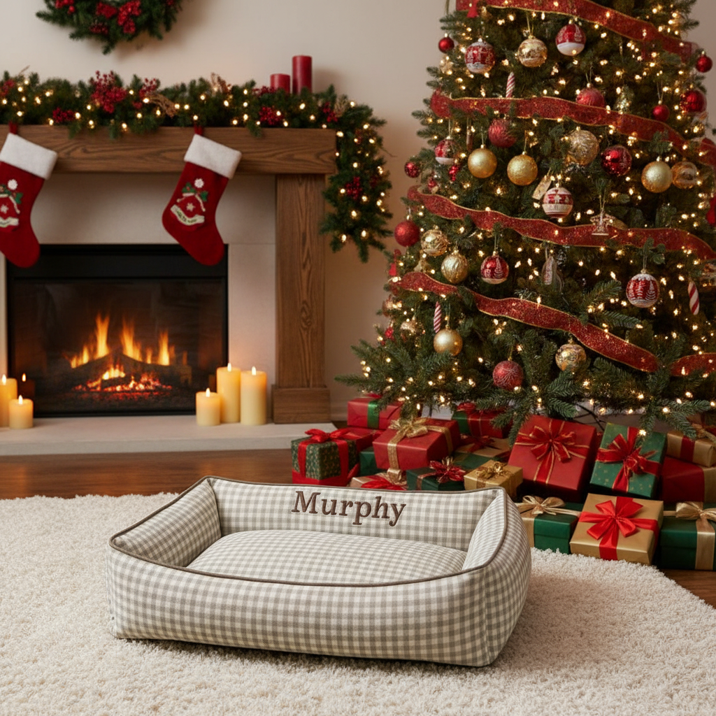 Ecru Gingham Dog Bed