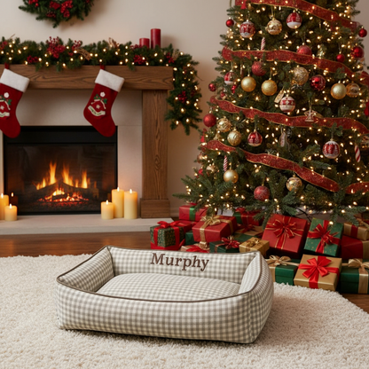 Ecru Gingham Dog Bed