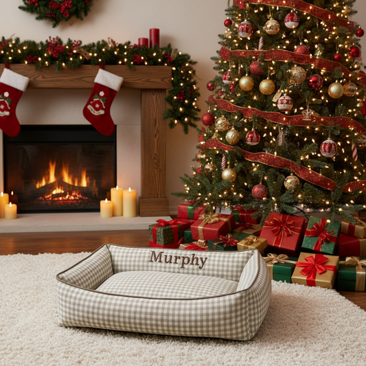 Ecru Gingham Dog Bed