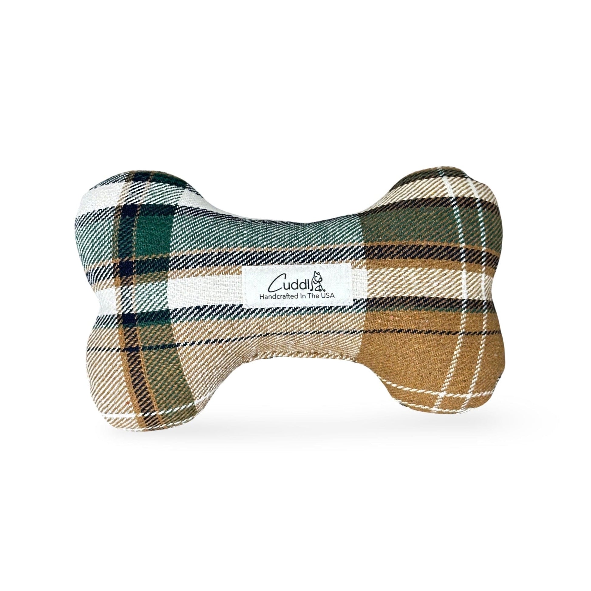 brown, cream, and green check fall dog bone shaped squeaky toy
