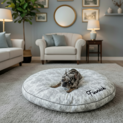 Dog lying on a grey round toile pet bed cushion in a stylish living room.