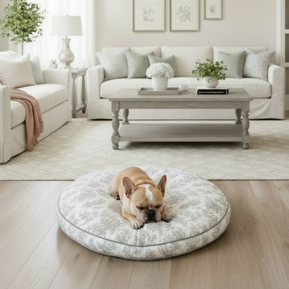 Grey Toile Round Dog Bed