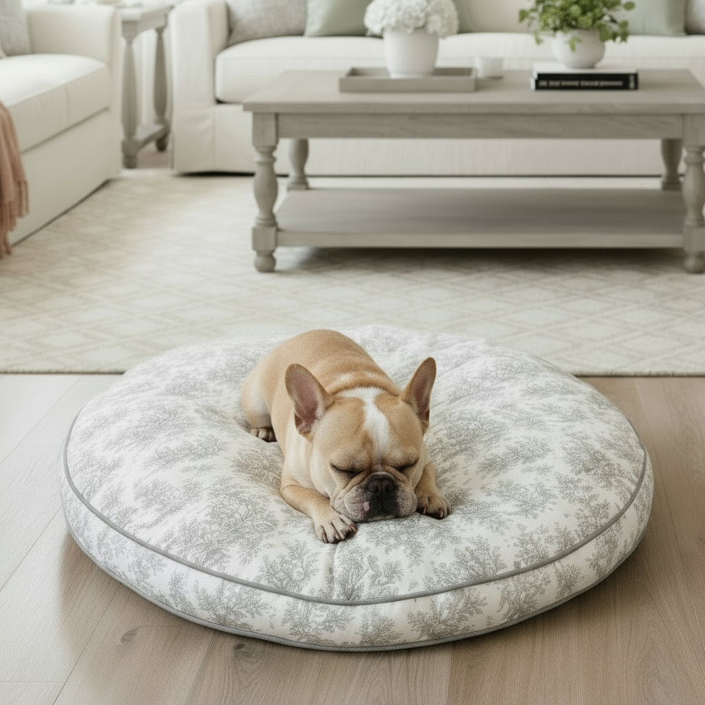 Dog resting on a round grey toile patterned pet bed in a living room.