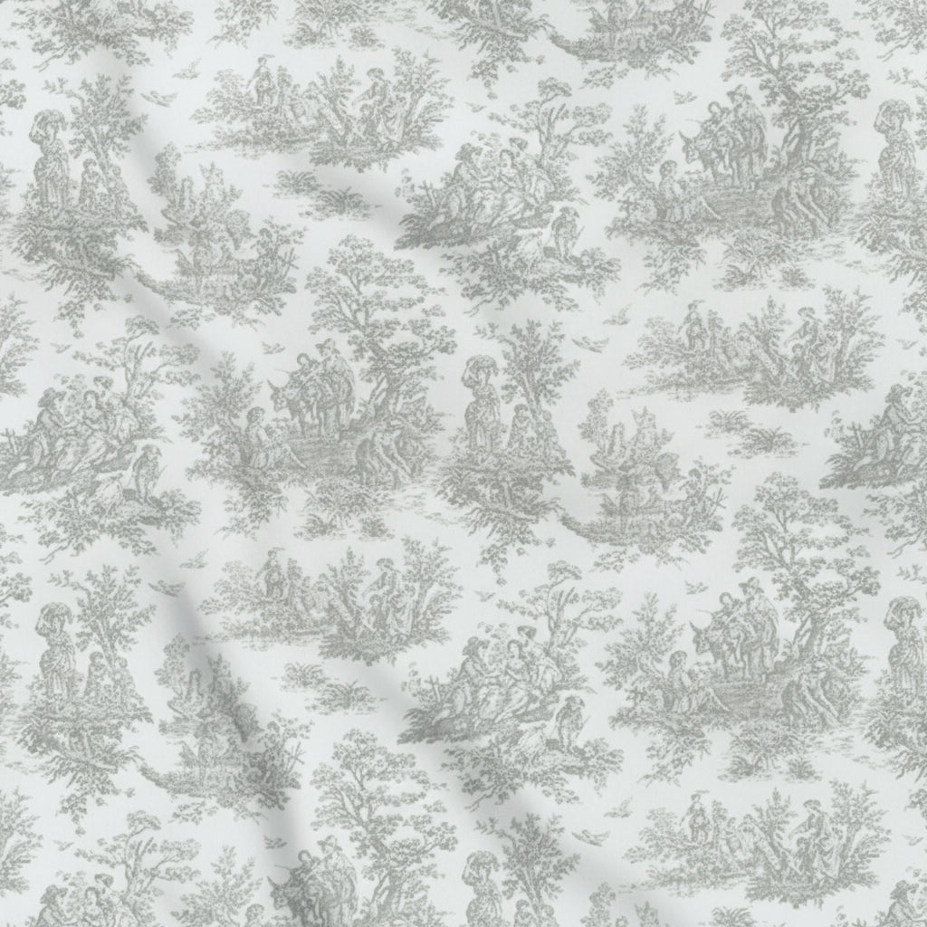 Grey toile patterned fabric with a toile design on a white background